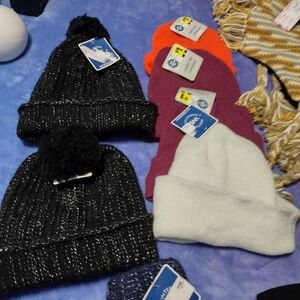 Stylish Black Knit Pom-Pom Hat   3 Prs Gloves Adult, 4 Beanies Adults & Big Kids